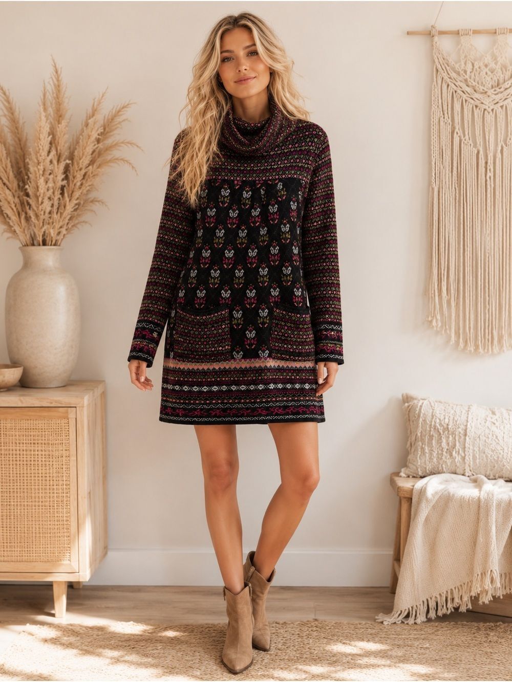 April Cornell Multi Colored Patterned Cowl Neck Sweater Dress